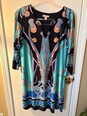 Dress Barn Women’s Midi Dress, Navy Blue & Aqua Printed Women’s Tunic Dress